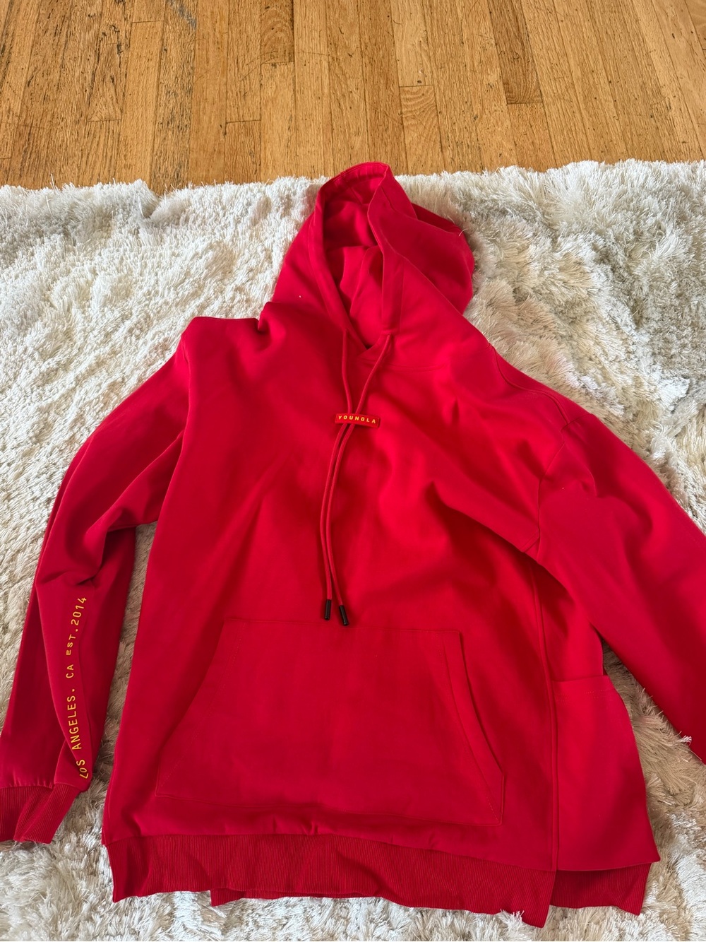 YoungLA Bright Red Pullover Hoodie with Logo Cord Stopper